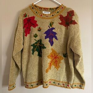 🍁 Vintage Christina Multicolor Leaf Pattern Fall Autumn Harvest Sweater Size L 🍁